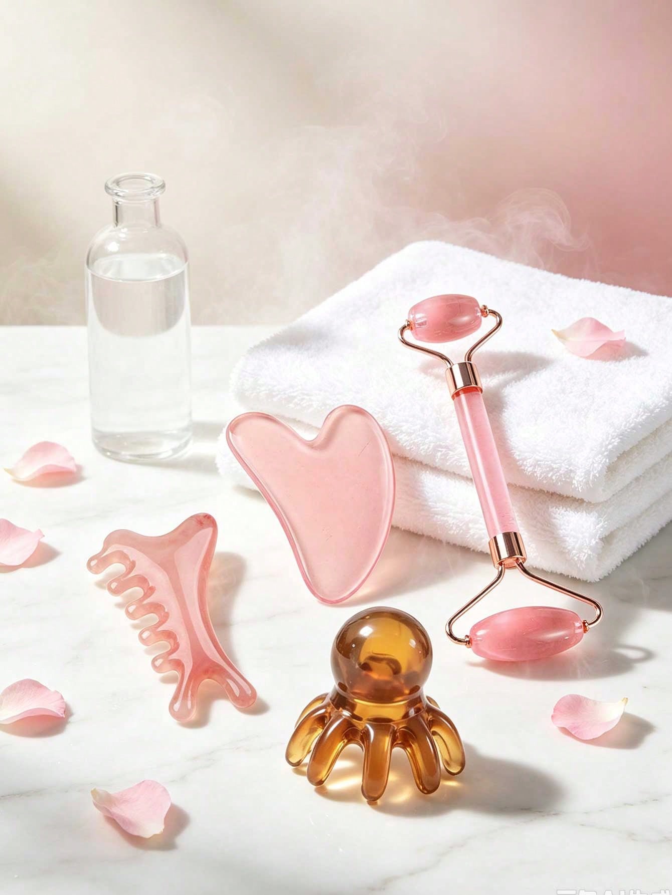 Massage Comb Head Comb Portable 4-In-1 Facial Massager Gua Sha, Acupoint Octopus Head Massage Comb And Scalp Detangling Wide Tooth Comb, Pink Gua Sha Facial Tool And Silicone Ice Roller Set, Facial Ic