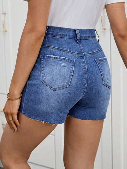 Maternity Blue Stretchy Distressed Denim Shorts, Summer