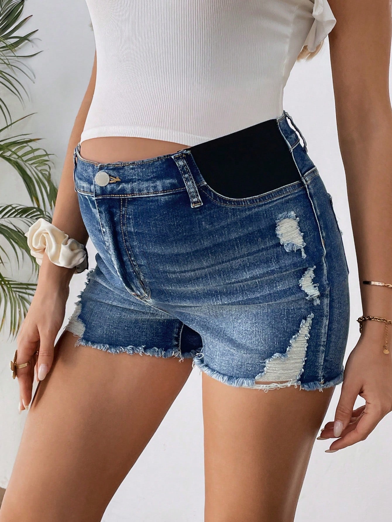 Maternity Blue Stretchy Distressed Denim Shorts, Summer