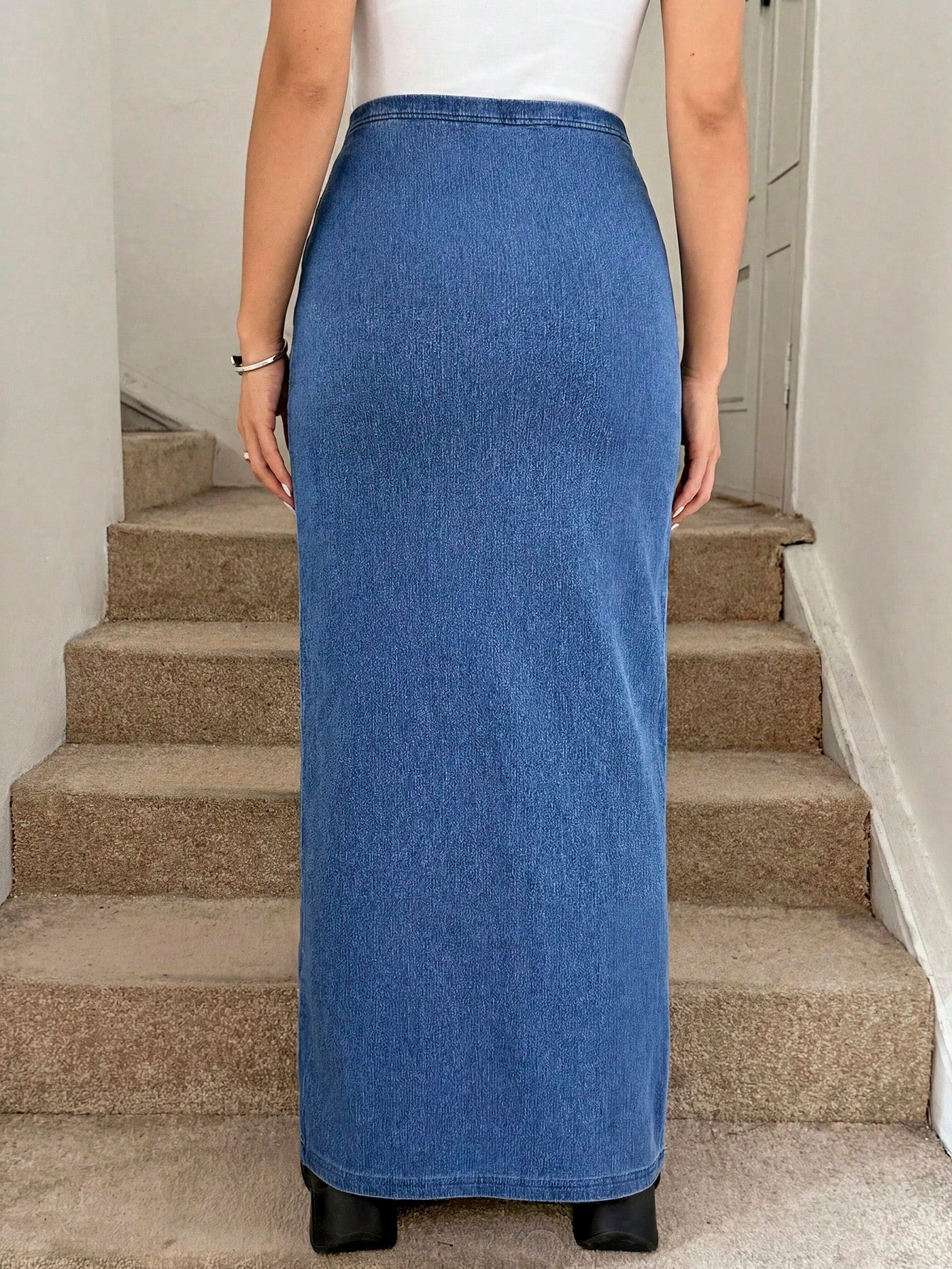 Maternity Dusky Blue,Summer,Casual,Everyday Elastic Waist Fitted Denim Skirt,Pregnancy Long Denim Plus Size Skirt With Stretchable Waist For Women