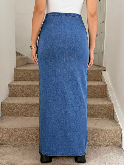 Maternity Dusky Blue,Summer,Casual,Everyday Elastic Waist Fitted Denim Skirt,Pregnancy Long Denim Plus Size Skirt With Stretchable Waist For Women