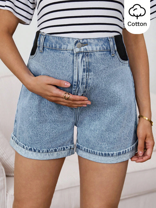Maternity Light Blue Summer Washed High Waist Denim Shorts,Smart Casual Chic Y2k Streetwear For Woman Carnival Costume Vacation Graduation Party