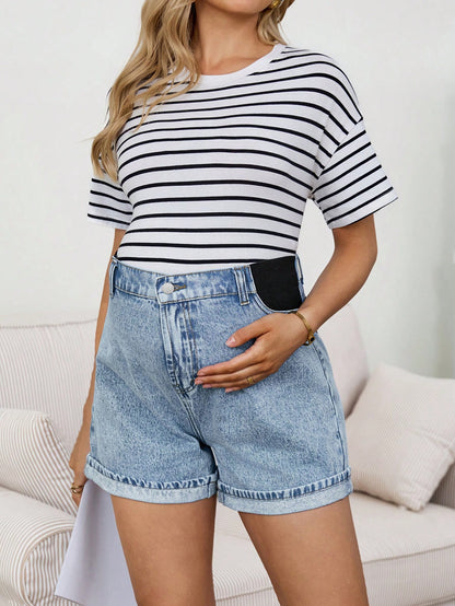 Maternity Light Blue Summer Washed High Waist Denim Shorts,Smart Casual Chic Y2k Streetwear For Woman Carnival Costume Vacation Graduation Party