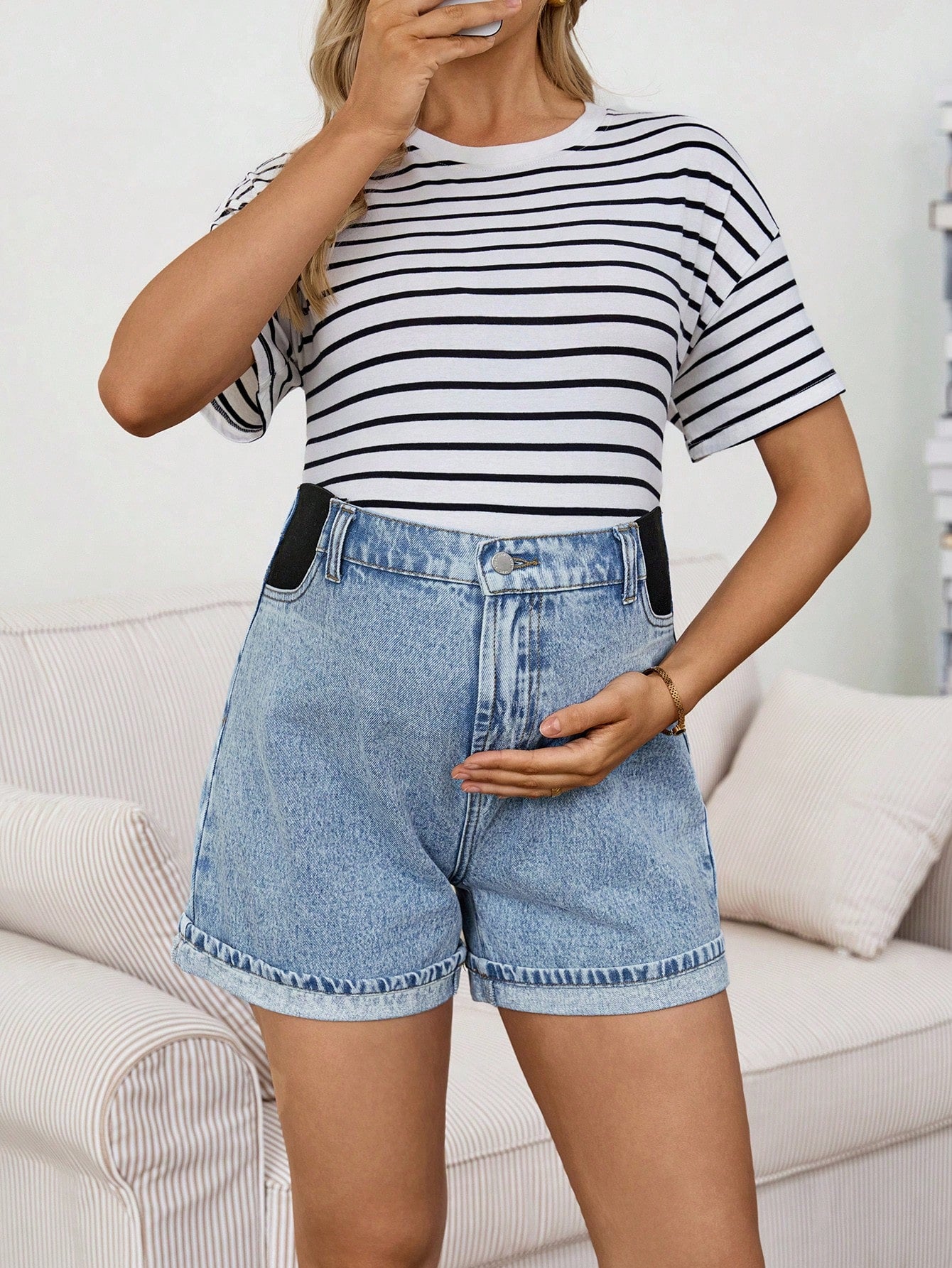 Maternity Light Blue Summer Washed High Waist Denim Shorts,Smart Casual Chic Y2k Streetwear For Woman Carnival Costume Vacation Graduation Party