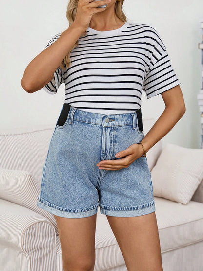 Maternity Light Blue Summer Washed High Waist Denim Shorts,Smart Casual Chic Y2k Streetwear For Woman Carnival Costume Vacation Graduation Party