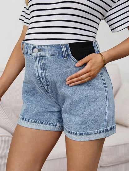 Maternity Light Blue Summer Washed High Waist Denim Shorts,Smart Casual Chic Y2k Streetwear For Woman Carnival Costume Vacation Graduation Party