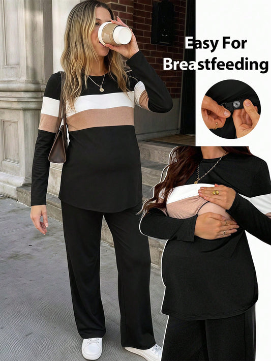 Maternity Nursing Long Sleeve Top And Adjustable Waist Pants Casual Everyday 2 Pieces Set Fall
