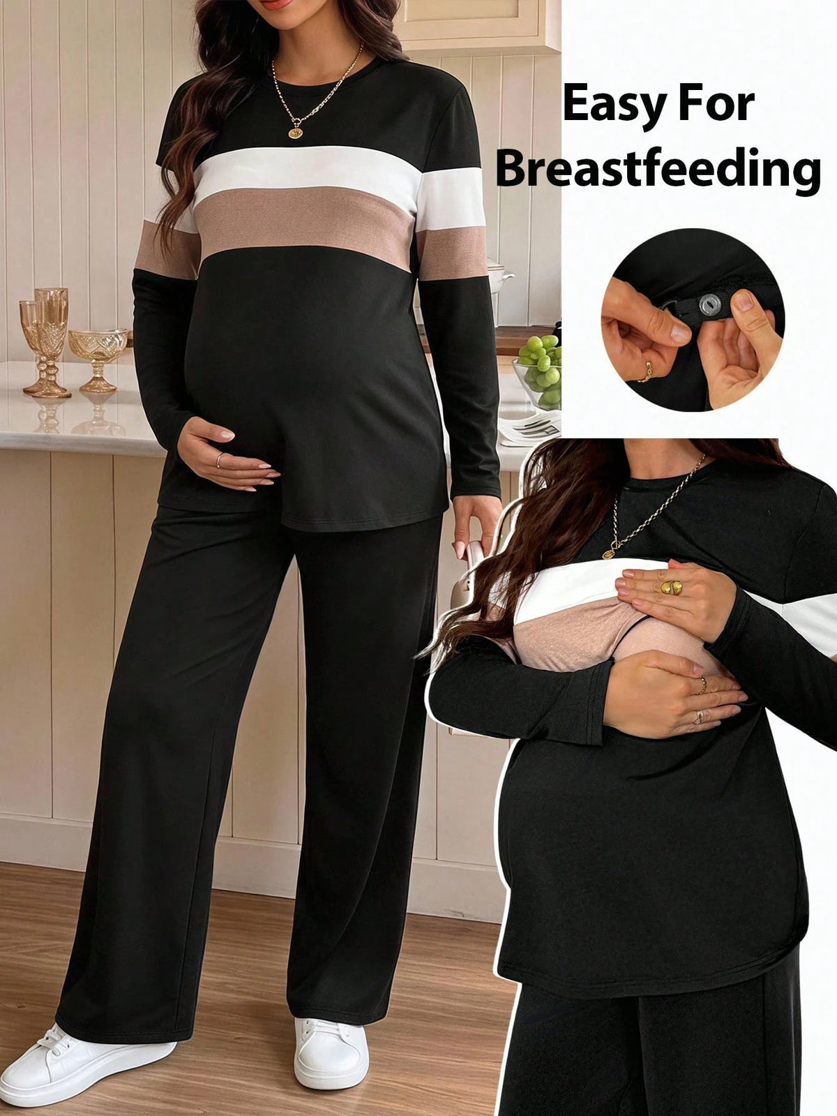 Maternity Nursing Long Sleeve Top And Adjustable Waist Pants Casual Everyday 2 Pieces Set Fall
