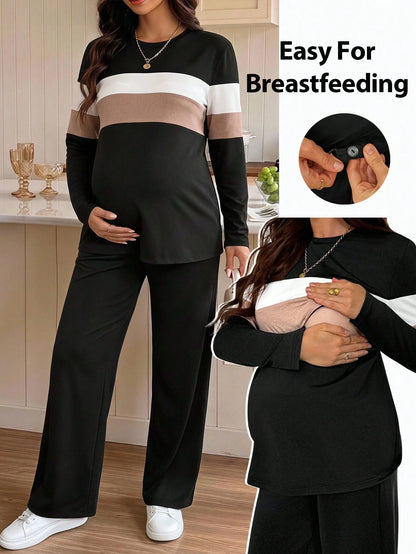 Maternity Nursing Long Sleeve Top And Adjustable Waist Pants Casual Everyday 2 Pieces Set Fall