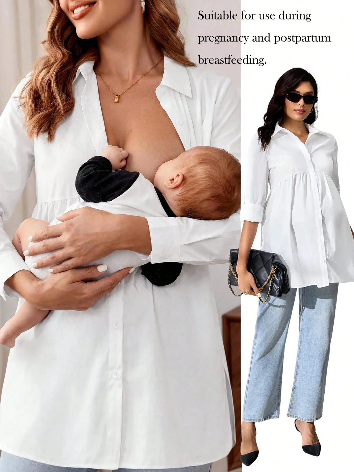 MaterniWear Office, Business Maternity Work Wear Casual Solid Color Nursing Top For Pregnant Women, Autumn For Breastfeeding Pregnancy Cotton Blouse Fall