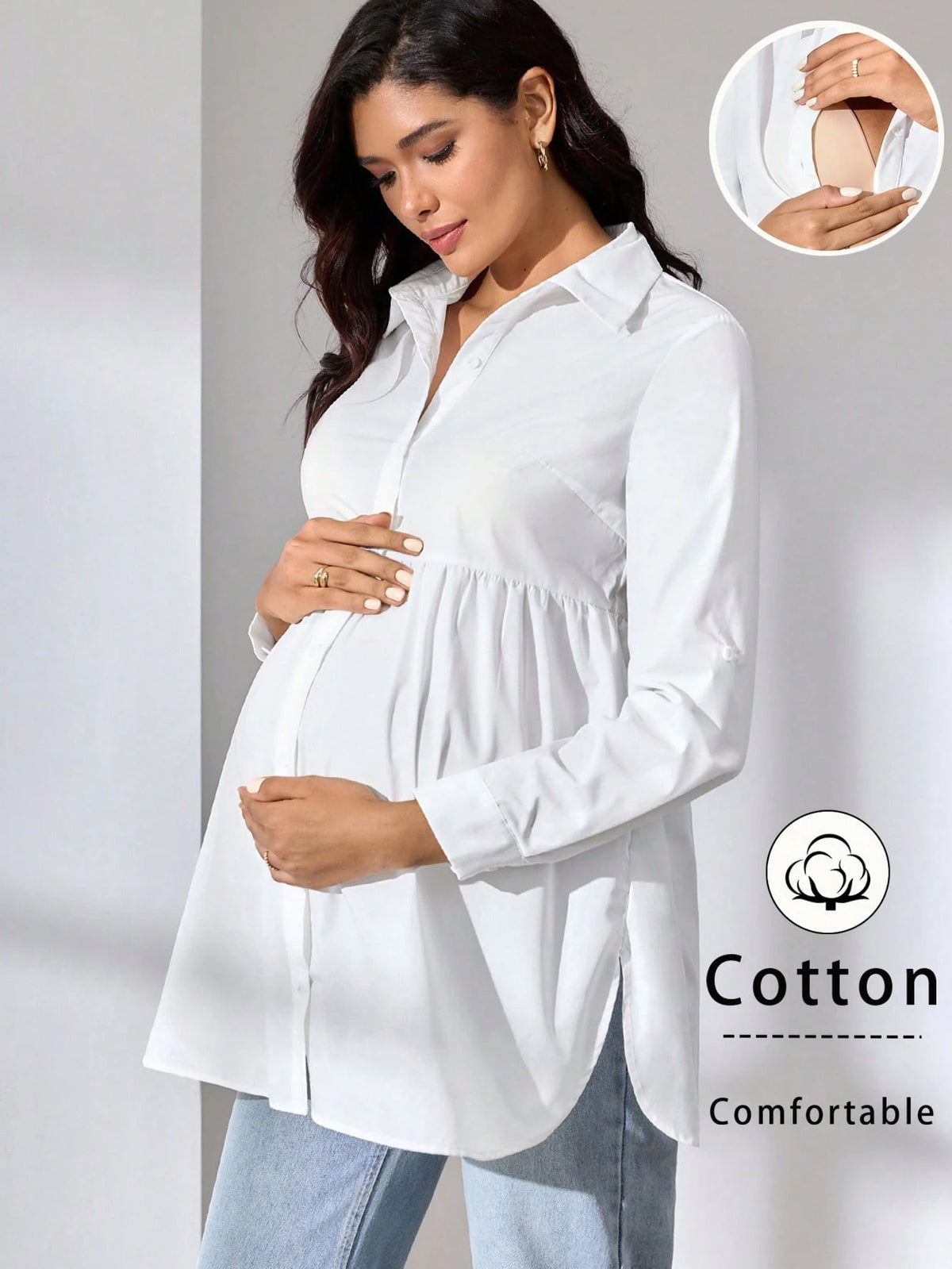 MaterniWear Office, Business Maternity Work Wear Casual Solid Color Nursing Top For Pregnant Women, Autumn For Breastfeeding Pregnancy Cotton Blouse Fall