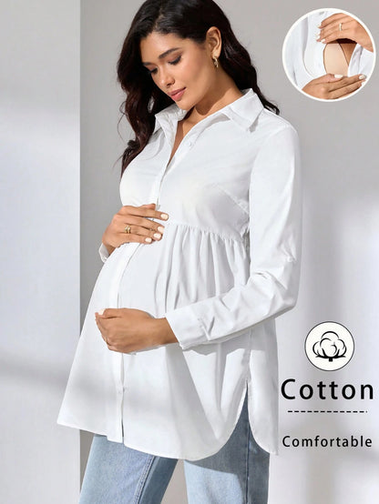 MaterniWear Office, Business Maternity Work Wear Casual Solid Color Nursing Top For Pregnant Women, Autumn For Breastfeeding Pregnancy Cotton Blouse Fall
