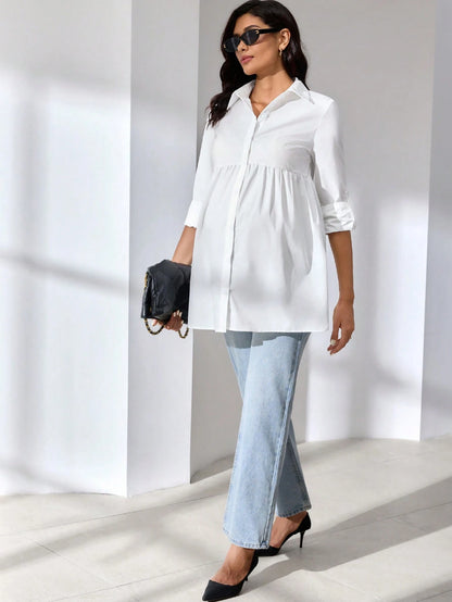MaterniWear Office, Business Maternity Work Wear Casual Solid Color Nursing Top For Pregnant Women, Autumn For Breastfeeding Pregnancy Cotton Blouse Fall