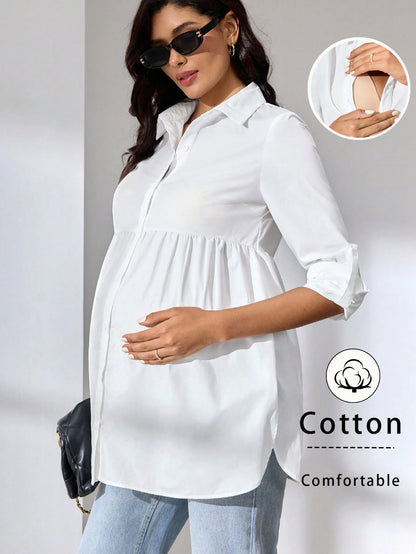 MaterniWear Office, Business Maternity Work Wear Casual Solid Color Nursing Top For Pregnant Women, Autumn For Breastfeeding Pregnancy Cotton Blouse Fall