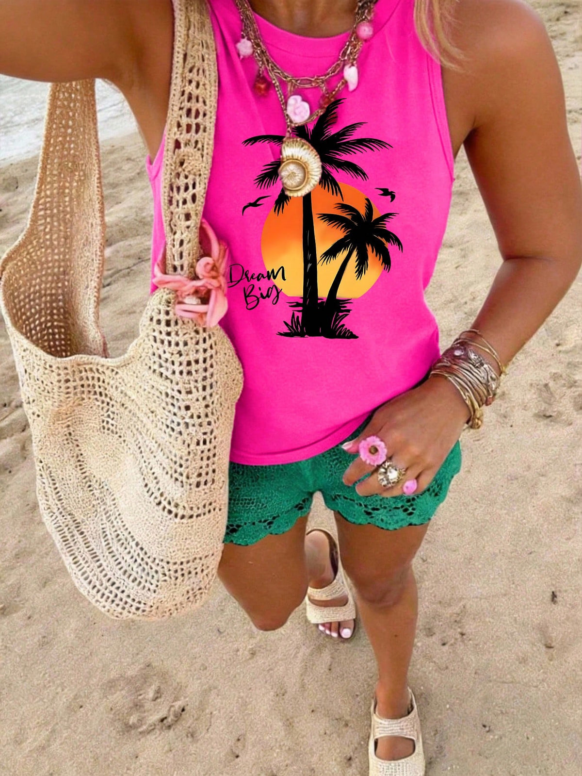 Maweii Women's Hot Pink Turtle Print Round Neck Tank Top,Summer Casual Vest Tops,Vintage Streetwear For Ladies,City Break Funky Swag Clothing Tee Tshirt