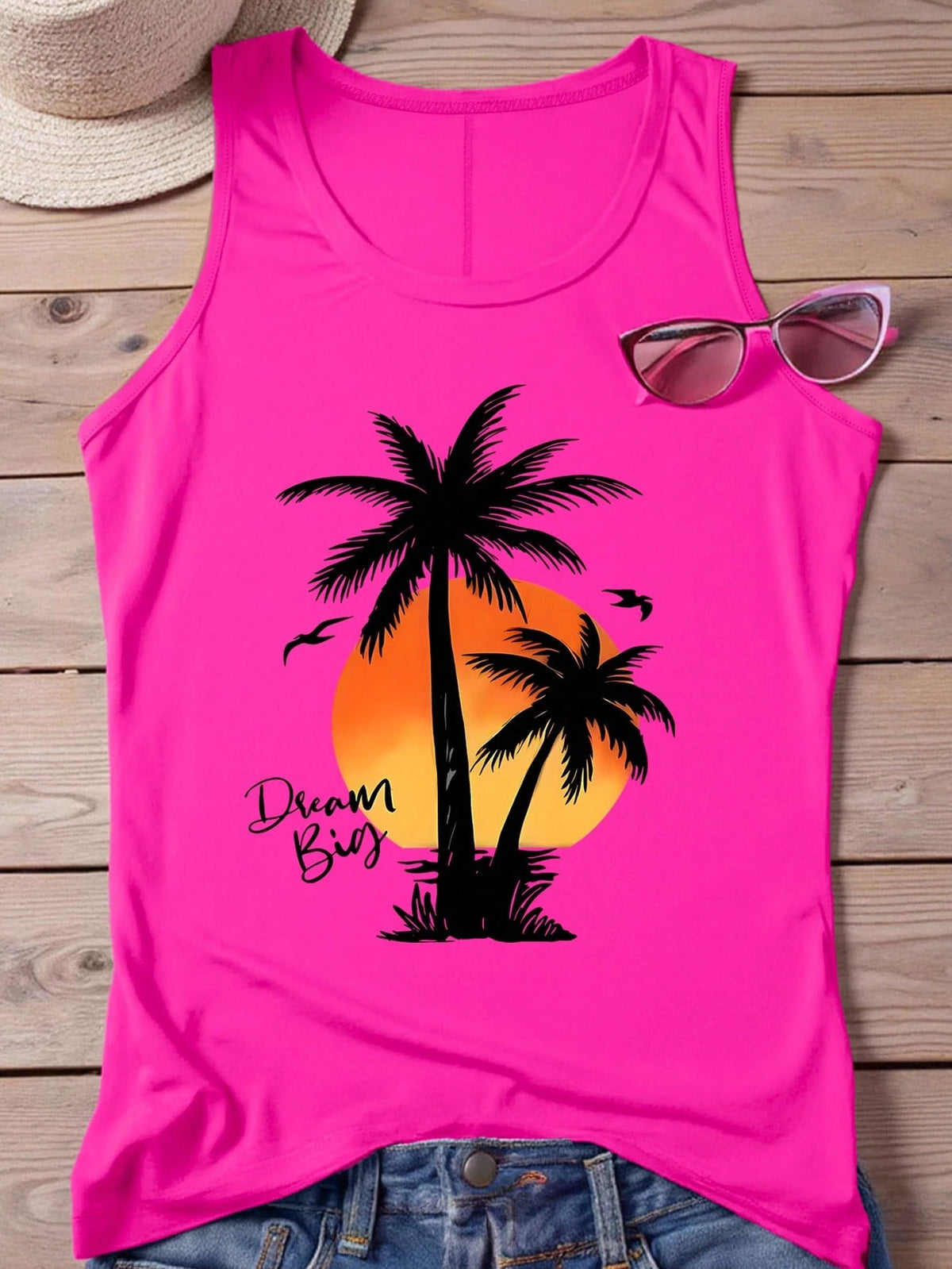 Maweii Women's Hot Pink Turtle Print Round Neck Tank Top,Summer Casual Vest Tops,Vintage Streetwear For Ladies,City Break Funky Swag Clothing Tee Tshirt