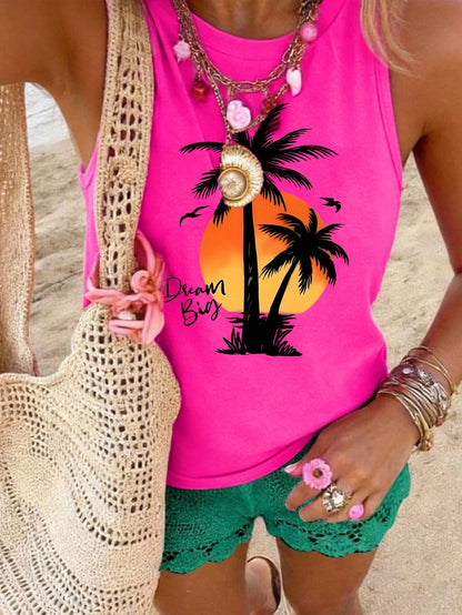 Maweii Women's Hot Pink Turtle Print Round Neck Tank Top,Summer Casual Vest Tops,Vintage Streetwear For Ladies,City Break Funky Swag Clothing Tee Tshirt