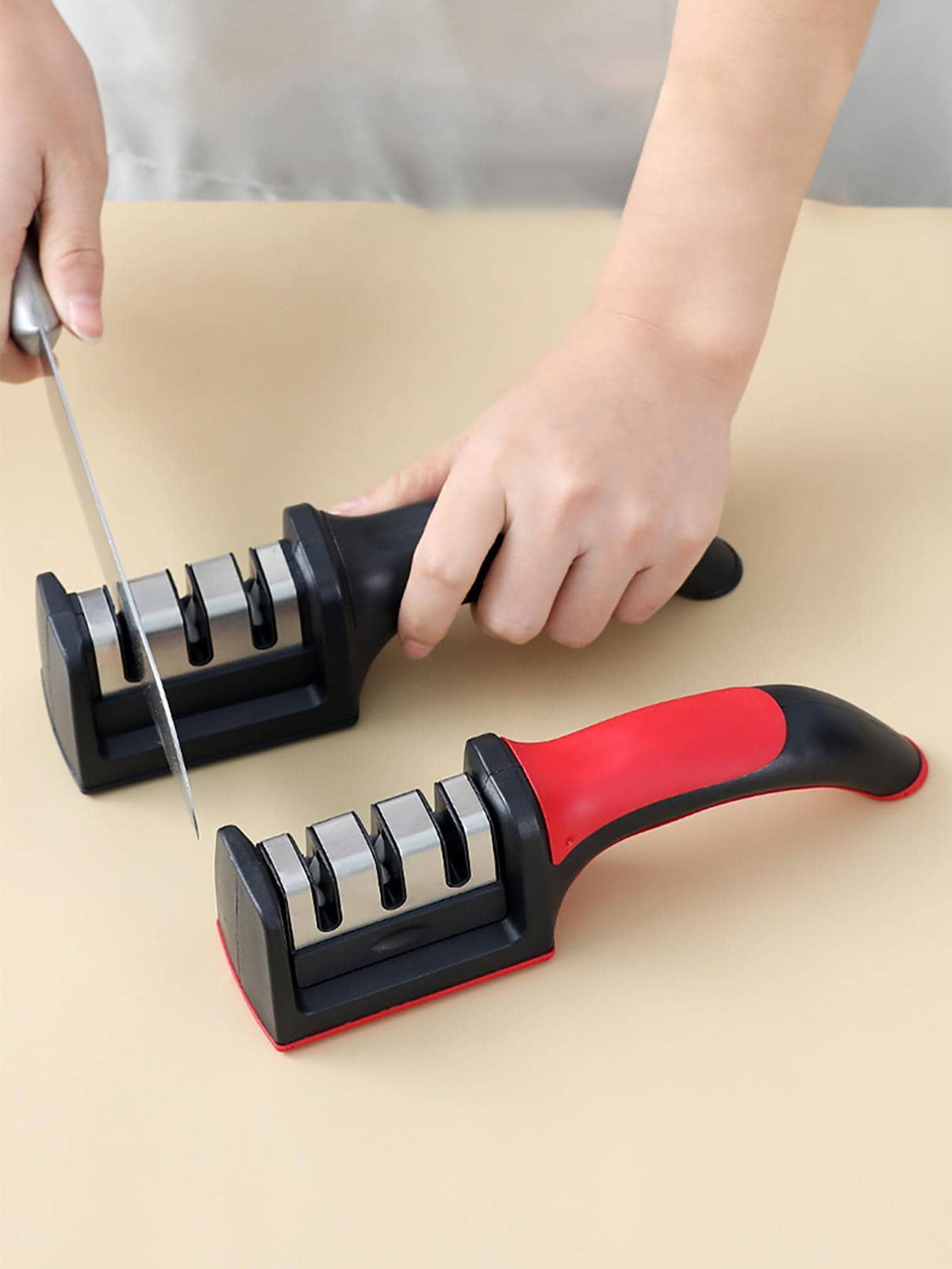 mayzolla 1pc/2pcs Handheld Multi-Function 3-Stage Quick Knife Sharpener With Non-Slip Base, Kitchen Knife Accessory Tool