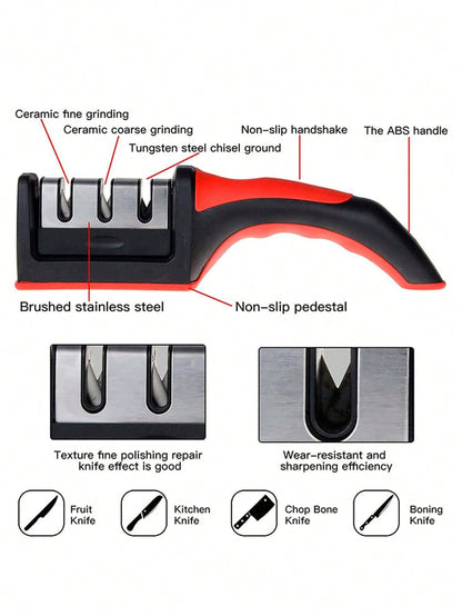 mayzolla 1pc/2pcs Handheld Multi-Function 3-Stage Quick Knife Sharpener With Non-Slip Base, Kitchen Knife Accessory Tool