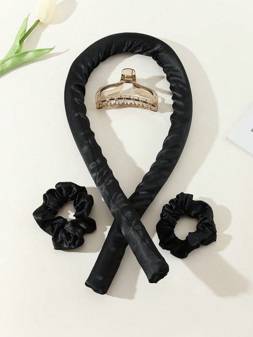Mcbki 1pc Black Heatless Curling Rod Headband Ribbon Set With Hair Claw Clip Slouchy Soft Wave DIY Sleep Styling Overnight Curling Tool Satin