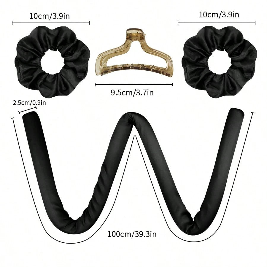 Mcbki 1pc Black Heatless Curling Rod Headband Ribbon Set With Hair Claw Clip Slouchy Soft Wave DIY Sleep Styling Overnight Curling Tool Satin