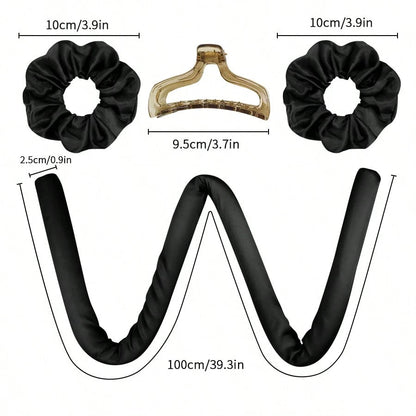 Mcbki 1pc Black Heatless Curling Rod Headband Ribbon Set With Hair Claw Clip Slouchy Soft Wave DIY Sleep Styling Overnight Curling Tool Satin