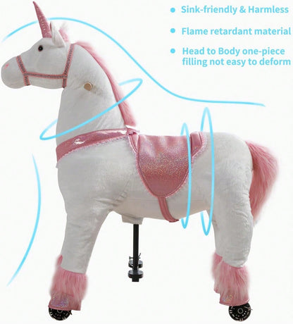 Mechanical Walking Plush Unicorn Ride-On Toy For Girls And Boys| No Battery & No Electricity Required, Max Weight Capacity 187 LBS