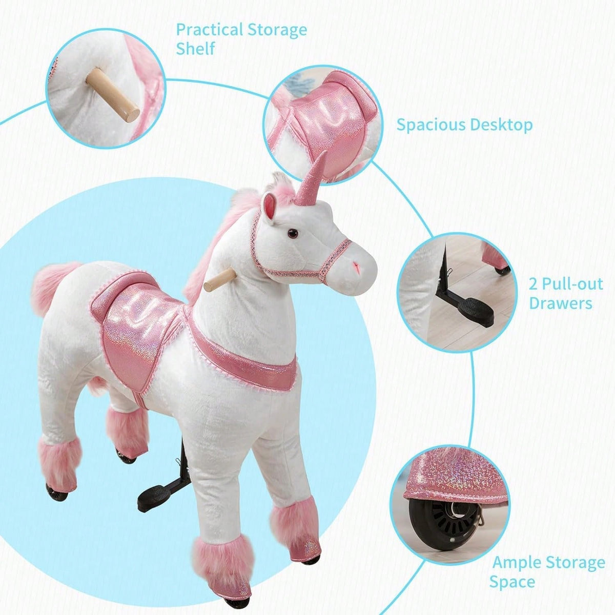 Mechanical Walking Plush Unicorn Ride-On Toy For Girls And Boys| No Battery & No Electricity Required, Max Weight Capacity 187 LBS