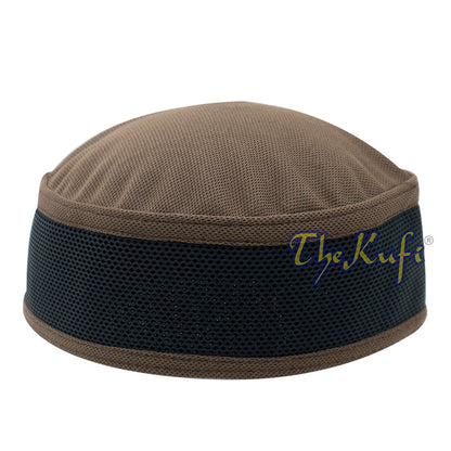 Brown and black mesh Islamic kufi cap with a breathable ventilated design from TheKufi.com.