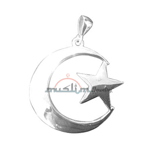 Medium-Size Sterling Silver Islamic Symbol Crescent Moon & Star Pendant 1.5x1-inch