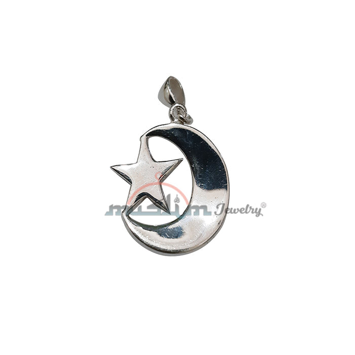 Medium-Size Sterling Silver Islamic Symbol Crescent Moon & Star Pendant 1.5x1-inch