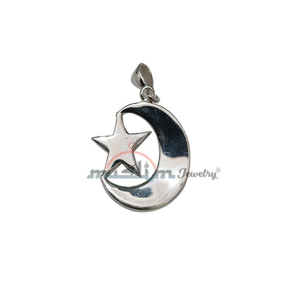 Medium-Size Sterling Silver Islamic Symbol Crescent Moon & Star Pendant 1.5x1-inch