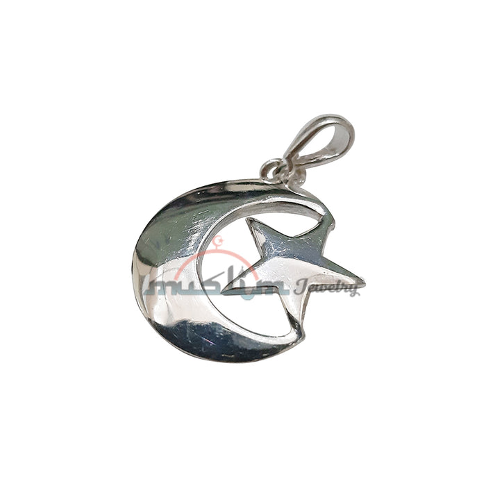 Medium-Size Sterling Silver Islamic Symbol Crescent Moon & Star Pendant 1.5x1-inch