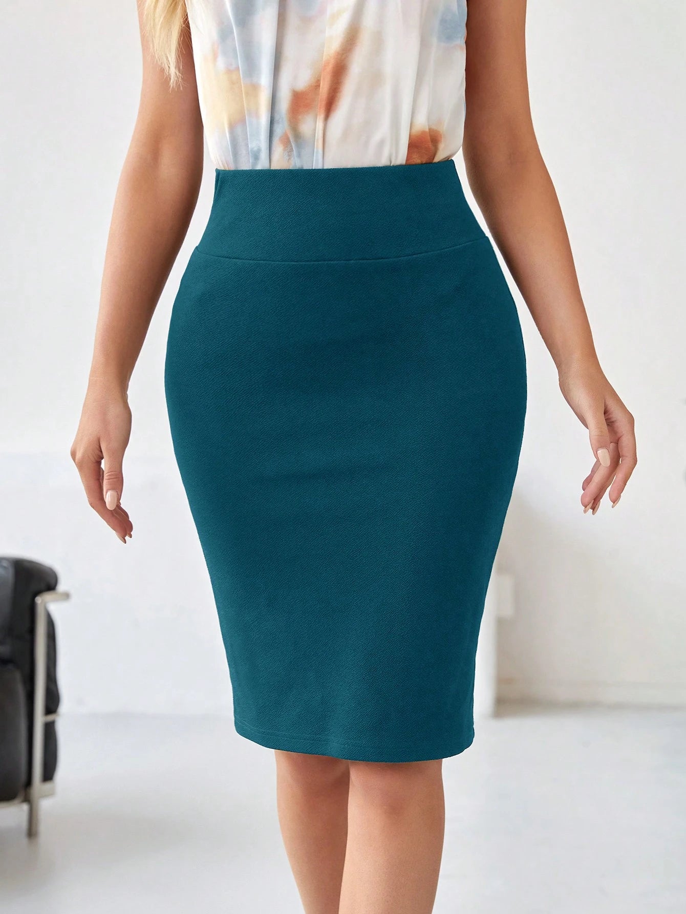 Medorina Elegant Chic Tailored, Professional Pencil Skirt, Textured Elastic Teal Blue, High Waisted Bodycon, Business Office Meeting, Fall Autumn Winter