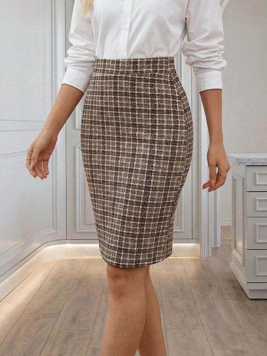 Medorina Women's Elegant Plaid Fitted Skirt, Suitable For Commuting Work Office Teachers' Day Brown Plaid Autumn