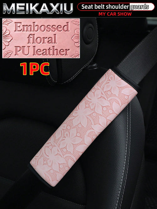 MEIKAXIU 1-Piece And 2 Pieces Embossed Flower PU Leather Car Shoulder Guard Cover For Seat Belt Decoration To Prevent Strangulation And Reduce Pressure For Comfortable Car Interior Accessories For Wom