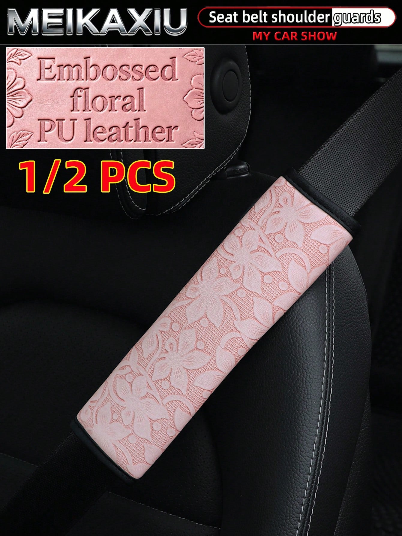 MEIKAXIU 1-Piece And 2 Pieces Embossed Flower PU Leather Car Shoulder Guard Cover For Seat Belt Decoration To Prevent Strangulation And Reduce Pressure For Comfortable Car Interior Accessories For Wom