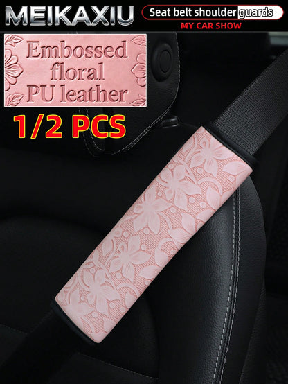 MEIKAXIU 1-Piece And 2 Pieces Embossed Flower PU Leather Car Shoulder Guard Cover For Seat Belt Decoration To Prevent Strangulation And Reduce Pressure For Comfortable Car Interior Accessories For Wom