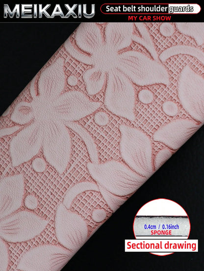 MEIKAXIU 1-Piece And 2 Pieces Embossed Flower PU Leather Car Shoulder Guard Cover For Seat Belt Decoration To Prevent Strangulation And Reduce Pressure For Comfortable Car Interior Accessories For Wom