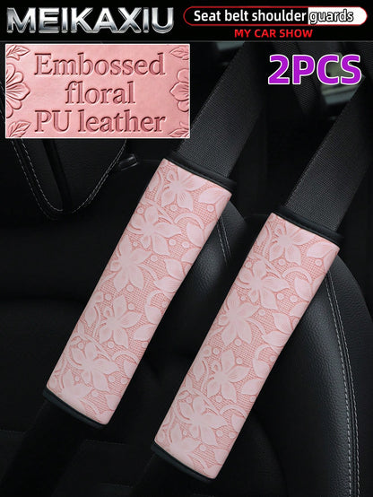 MEIKAXIU 1-Piece And 2 Pieces Embossed Flower PU Leather Car Shoulder Guard Cover For Seat Belt Decoration To Prevent Strangulation And Reduce Pressure For Comfortable Car Interior Accessories For Wom