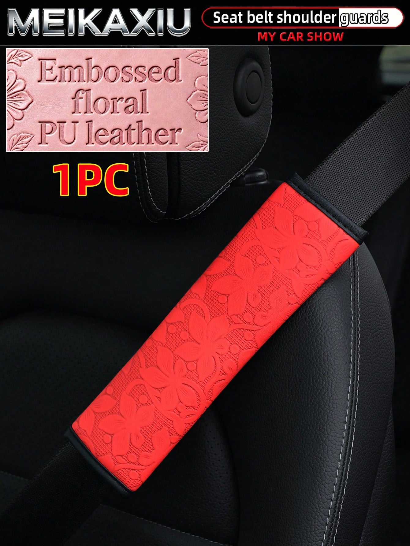 MEIKAXIU 1-Piece And 2 Pieces Embossed Flower PU Leather Car Shoulder Guard Cover For Seat Belt Decoration To Prevent Strangulation And Reduce Pressure For Comfortable Car Interior Accessories For Wom