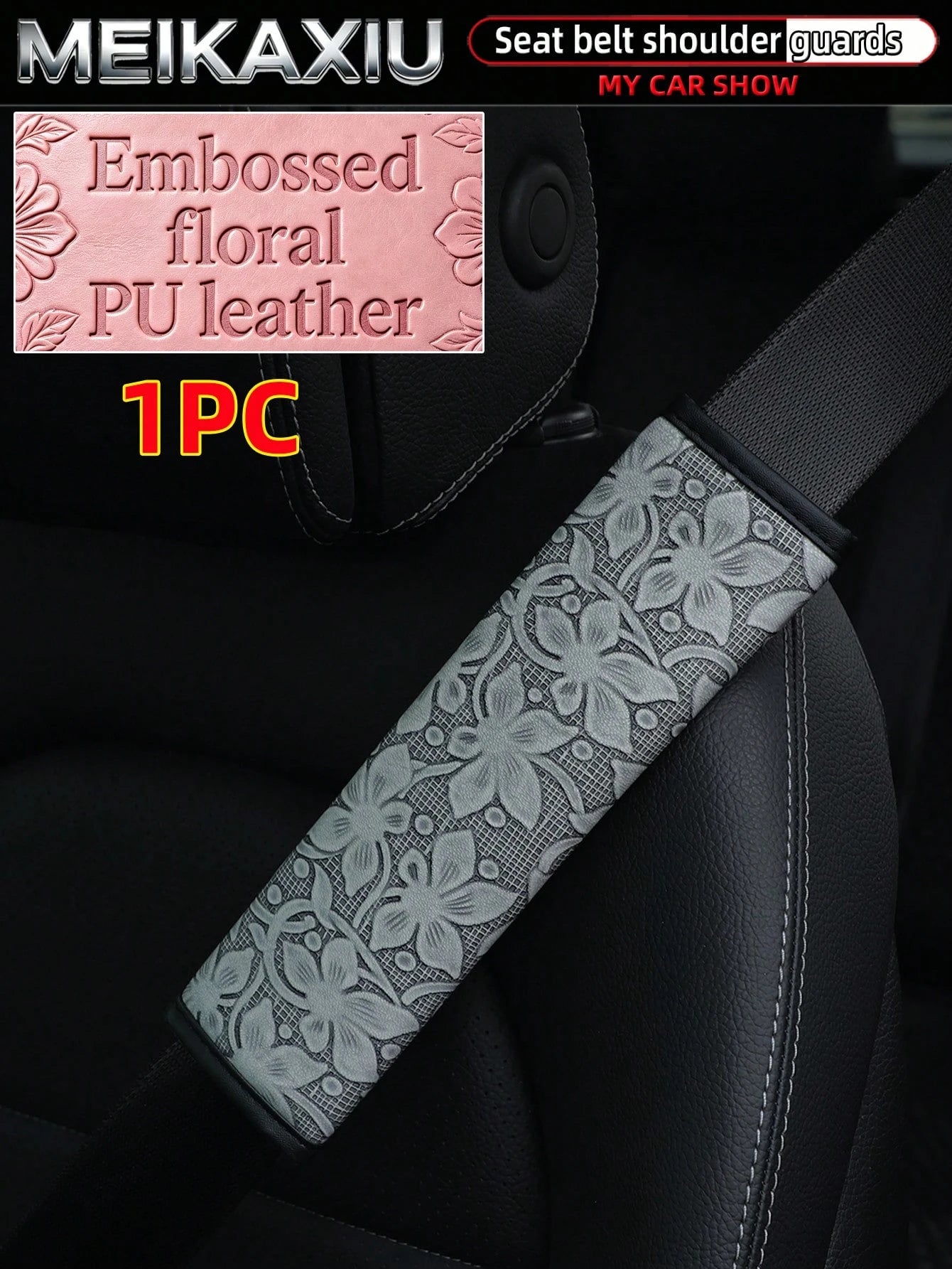 MEIKAXIU 1-Piece And 2 Pieces Embossed Flower PU Leather Car Shoulder Guard Cover For Seat Belt Decoration To Prevent Strangulation And Reduce Pressure For Comfortable Car Interior Accessories For Wom