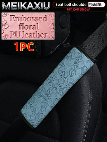 MEIKAXIU 1-Piece And 2 Pieces Embossed Flower PU Leather Car Shoulder Guard Cover For Seat Belt Decoration To Prevent Strangulation And Reduce Pressure For Comfortable Car Interior Accessories For Wom