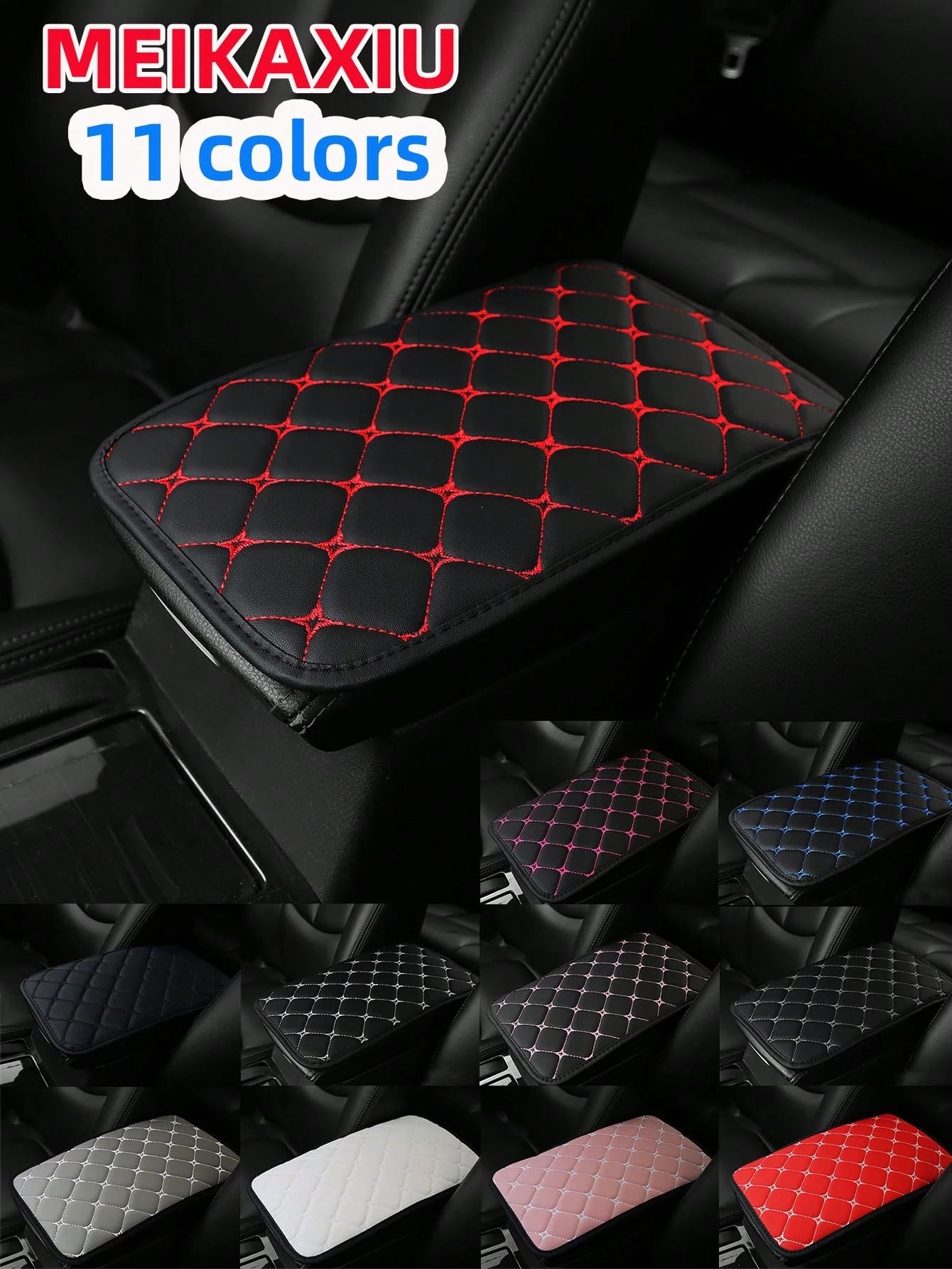 MEIKAXIU 1pc PU Leather Embroidered Comfortable Armrest Pad For Cars, 12.6"X7.5", Universal Car Accessories, Unisex Black And Red