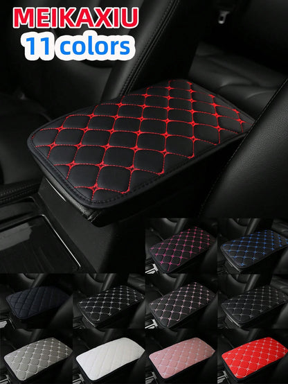 MEIKAXIU 1pc PU Leather Embroidered Comfortable Armrest Pad For Cars, 12.6"X7.5", Universal Car Accessories, Unisex Black And Red
