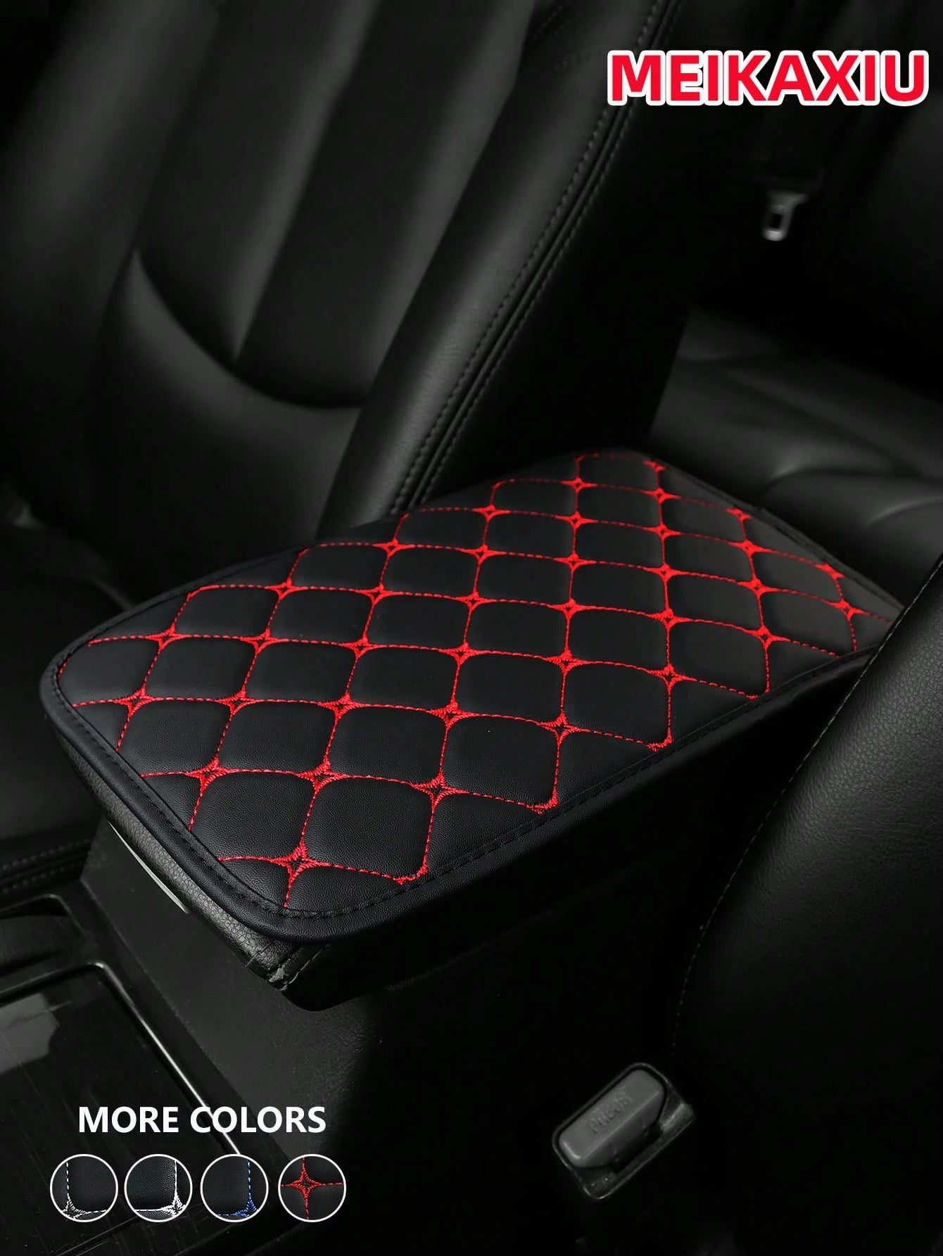MEIKAXIU 1pc PU Leather Embroidered Comfortable Armrest Pad For Cars, 12.6"X7.5", Universal Car Accessories, Unisex Black And Red