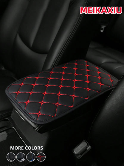 MEIKAXIU 1pc PU Leather Embroidered Comfortable Armrest Pad For Cars, 12.6"X7.5", Universal Car Accessories, Unisex Black And Red