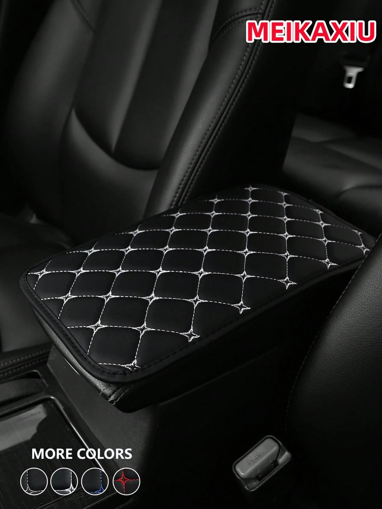 MEIKAXIU 1pc PU Leather Embroidered Comfortable Armrest Pad For Cars, 12.6"X7.5", Universal Car Accessories, Unisex Black And Red