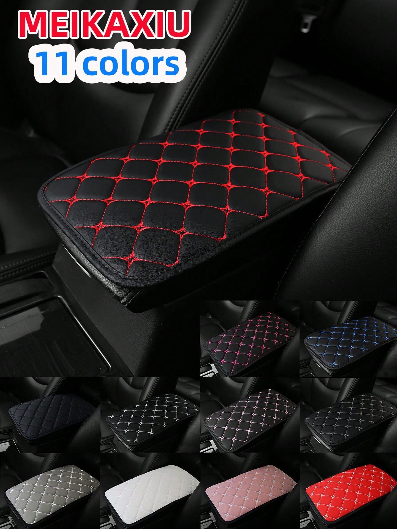 MEIKAXIU 1pc PU Leather Embroidered Comfortable Armrest Pad For Cars, 12.6"X7.5", Universal Car Accessories, Unisex Black And Red