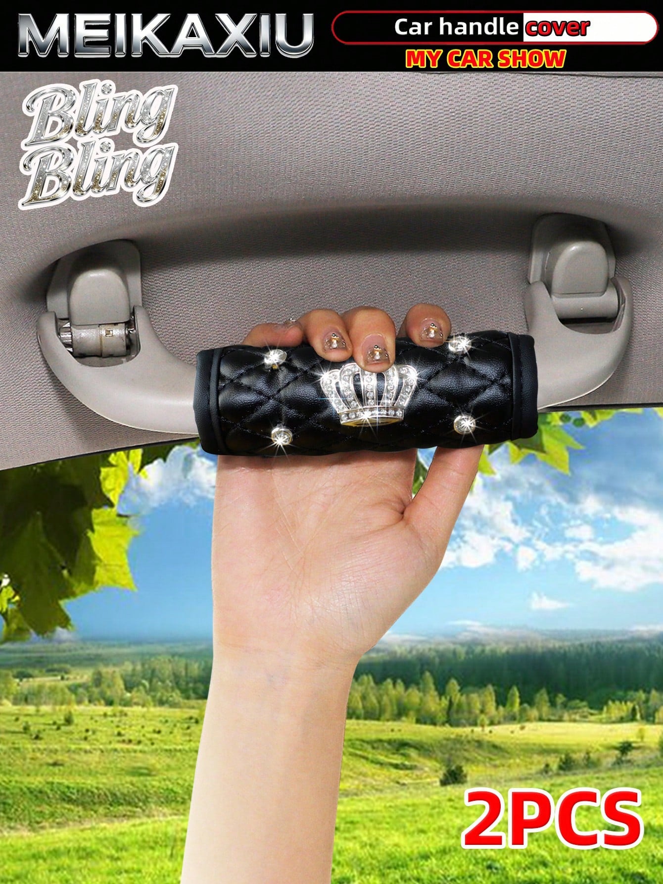 MEIKAXIU 2pcs Soft Faux Sheepskin Rhinestone Bling Bling Fabric Comfortable Breathable Car Grab Handle Protective Cover, Universal Car Interior Accessories